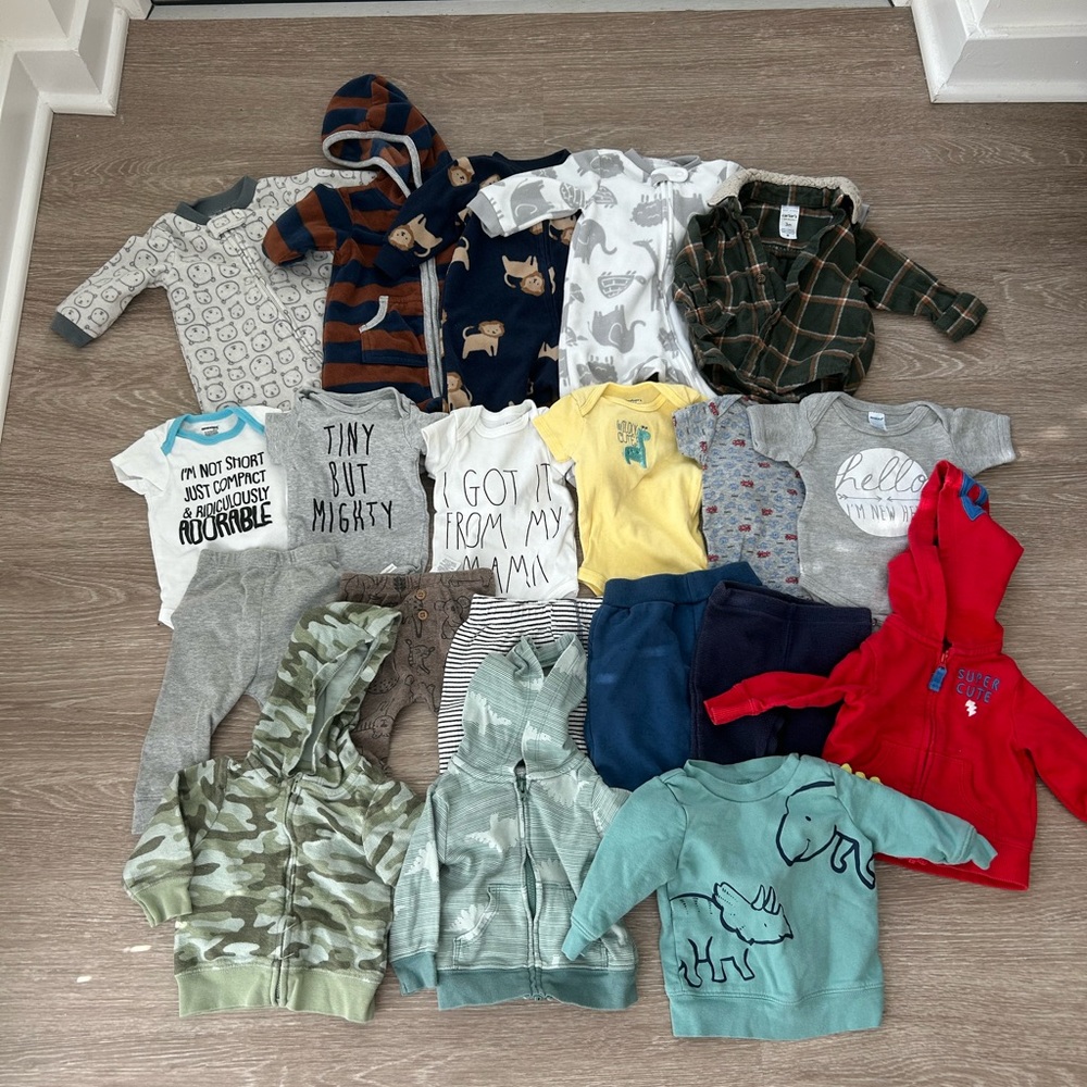 20 piece 0-3 month, 3 month boy leaning clothing bundle. Sleepers, onesies more!